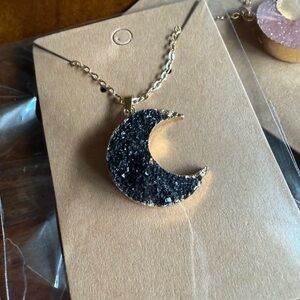 Whimsigoth Crescent Moon Hippie Bohemian Necklace Black Gold Tone
